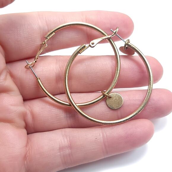 Gold Hoop Earrings with Disc Charm, Minimalist Modern Everyday Jewelry for Women - Picture 9 of 10